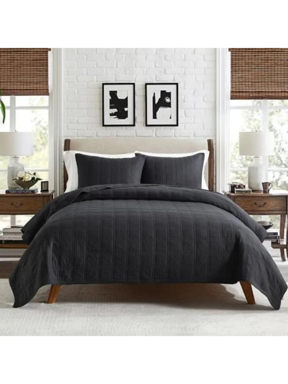 Cozy 100% Cotton Queen Quilt Set, Lightweight Charcoal Bedspread & 2 Shams